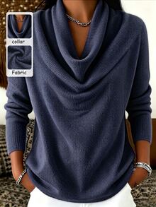 SHEIN Franclia ملابس علوية نسائية كاجوال بلون موحد وياقة كول وأكمام طويلة - أزرق بحري - مشاهدة 1