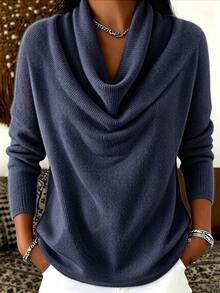 SHEIN Franclia ملابس علوية نسائية كاجوال بلون موحد وياقة كول وأكمام طويلة - أزرق بحري - مشاهدة 3