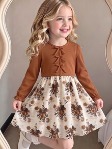 SHEIN 2pcs/Set Tween Girls Spring/Autumn Casual Knit Ribbed Bow Decor Cardigan Top And Printed Spaghetti Strap Simple Dress Vacation Style Outfit - Multicolor - View 5