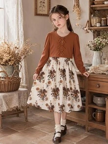 SHEIN 2pcs/Set Tween Girls Spring/Autumn Casual Knit Ribbed Bow Decor Cardigan Top And Printed Spaghetti Strap Simple Dress Vacation Style Outfit - Multicolor - View 1