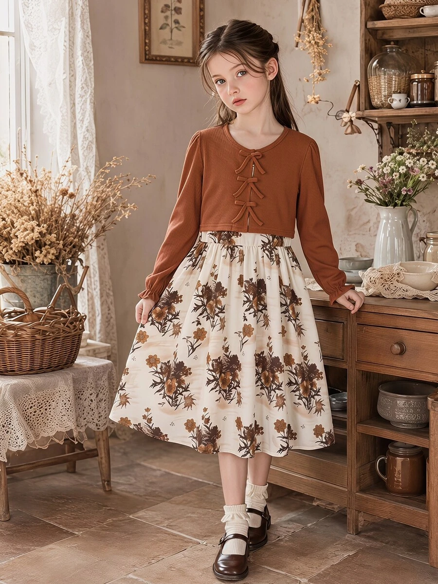 SHEIN 2pcs/Set Tween Girls Spring/Autumn Casual Knit Ribbed Bow Decor Cardigan Top And Printed Spaghetti Strap Simple Dress Vacation Style Outfit - Multicolor - View 1