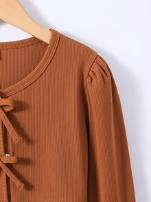 SHEIN 2pcs/Set Tween Girls Spring/Autumn Casual Knit Ribbed Bow Decor Cardigan Top And Printed Spaghetti Strap Simple Dress Vacation Style Outfit - Multicolor - View 6