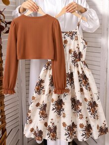 SHEIN 2pcs/Set Tween Girls Spring/Autumn Casual Knit Ribbed Bow Decor Cardigan Top And Printed Spaghetti Strap Simple Dress Vacation Style Outfit - Multicolor - View 2