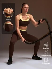 Powerista Women's Brown And Yellow Sports Bra Tight 9/10 Leggings Workout Set(Suitable For Workout) Gym Summer Modest Athleisure - Brown - View 2