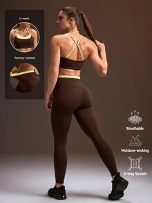 Powerista Women's Brown And Yellow Sports Bra Tight 9/10 Leggings Workout Set(Suitable For Workout) Gym Summer Modest Athleisure - Brown - View 1