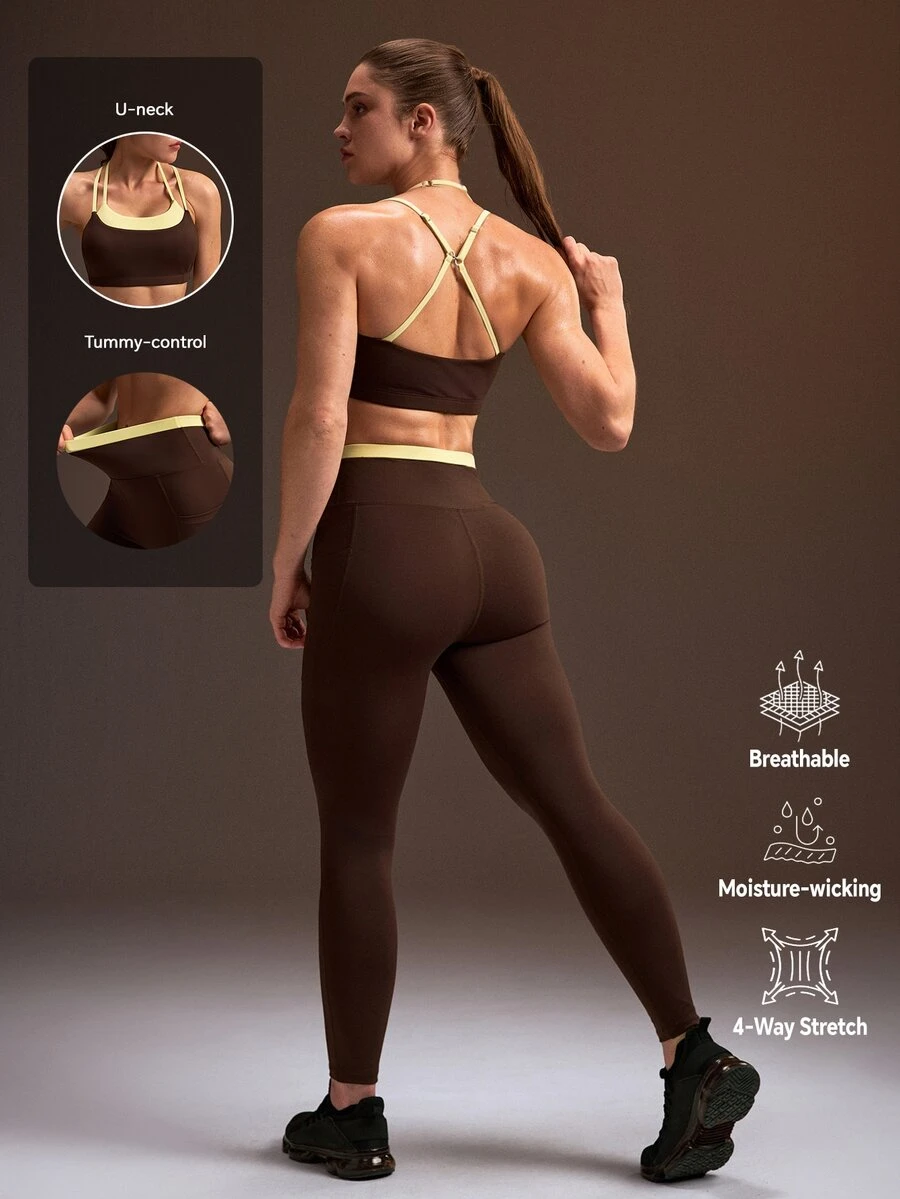 Powerista Women's Brown And Yellow Sports Bra Tight 9/10 Leggings Workout Set(Suitable For Workout) Gym Summer Modest Athleisure - Brown - View 1