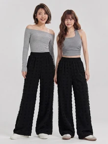 DAZY Women's Solid Color Elastic Waist Textured Wide Leg Long Pants Fall - Dark Grey - View 3