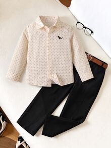 SHEIN Young Boy Gentleman 2 Pcs Set Baby Blue Long Sleeve Shirt And Suit Pants, Suitable For Birthday Party Gift Wedding Christmas Halloween Fall - Apricot - View 1