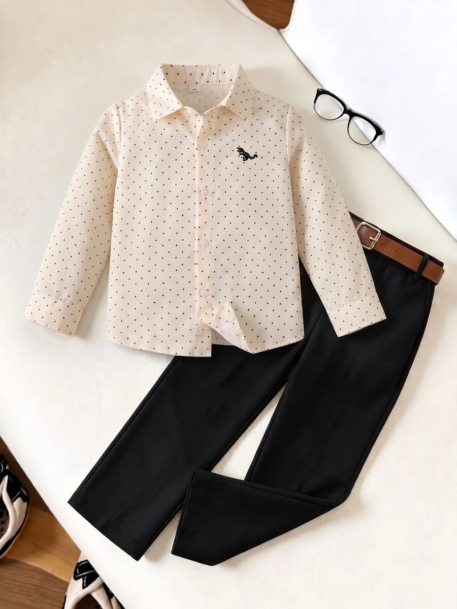 SHEIN Young Boy Gentleman 2 Pcs Set Baby Blue Long Sleeve Shirt And Suit Pants, Suitable For Birthday Party Gift Wedding Christmas Halloween Fall - Apricot - View 1