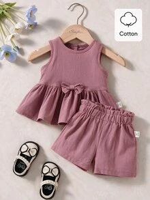 Souflis Souflis Conjunto de 2 piezas para niña bebé en rosa empolvado, elegante, modesto, lindo, para uso diario y casual, ideal para sesiones de fotos de primavera y verano, a juego con la familia - Multicolor - Ver 2