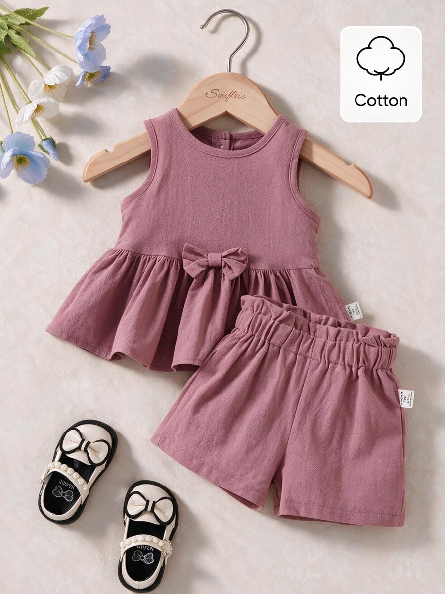 Souflis Souflis Conjunto de 2 piezas para niña bebé en rosa empolvado, elegante, modesto, lindo, para uso diario y casual, ideal para sesiones de fotos de primavera y verano, a juego con la familia