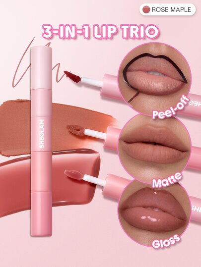 SHEGLAM Vibe Shift Lip Trio-Rose Maple Liner & Gloss Combo Peel-Off Lip Stain Brand Beauty Cosmetic Makeup For Women And Girls