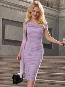 Skyraze Women's Fitted Asymmetric Shoulder Ruched Metal Buckle Decor Mid-Length Dress,Fall Wedding Guest Dress - Lilac Purple - View 1