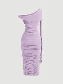 Skyraze Women's Fitted Asymmetric Shoulder Ruched Metal Buckle Decor Mid-Length Dress,Fall Wedding Guest Dress - Lilac Purple - View 5