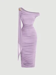Skyraze Women's Fitted Asymmetric Shoulder Ruched Metal Buckle Decor Mid-Length Dress,Fall Wedding Guest Dress - Lilac Purple - View 4