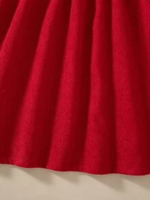 1Pc Girls Christmas Sweet Corduroy Dress,Eyelet Lace Collar & Pearl Decor, Long Sleeve A-Line Red Princess Dress, For Christmas Party & Holiday Photos - Red - View 8