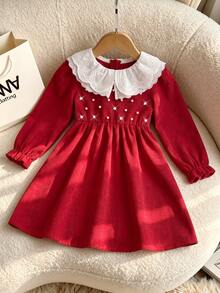 1Pc Girls Christmas Sweet Corduroy Dress,Eyelet Lace Collar & Pearl Decor, Long Sleeve A-Line Red Princess Dress, For Christmas Party & Holiday Photos - Red - View 6