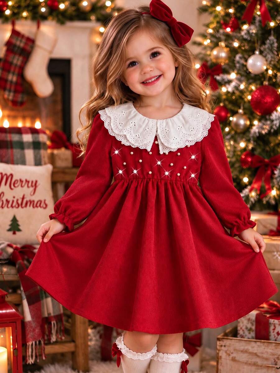 1Pc Girls Christmas Sweet Corduroy Dress,Eyelet Lace Collar & Pearl Decor, Long Sleeve A-Line Red Princess Dress, For Christmas Party & Holiday Photos - Red - View 1