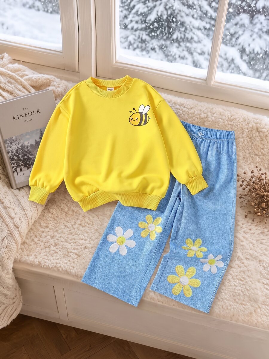 2pcs/Set Girls Cute Bee Print Sweatshirt Set, Fall Round Neck Yellow Long Sleeve Top, 3D Flower Denim Effect Print Long Pants Winter