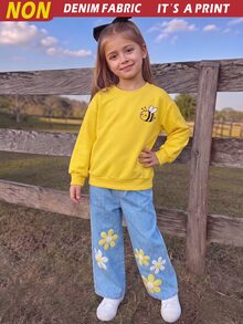 2pcs/Set Girls Cute Bee Print Sweatshirt Set, Fall Round Neck Yellow Long Sleeve Top, 3D Flower Denim Effect Print Long Pants Winter - Yellow - View 3