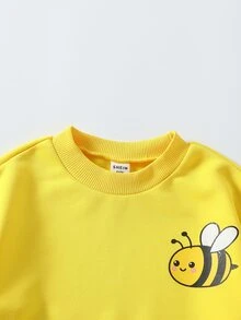 2pcs/Set Girls Cute Bee Print Sweatshirt Set, Fall Round Neck Yellow Long Sleeve Top, 3D Flower Denim Effect Print Long Pants Winter - Yellow - View 8