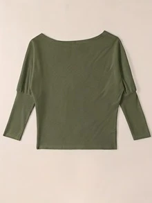 Breezaya Women's Solid Color Ribbed Batwing Long Sleeve Casual T-Shirt Brunch Olive Green Fall - Army Green - View 2