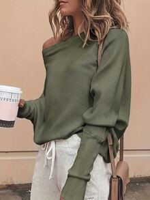 Breezaya Women's Solid Color Ribbed Batwing Long Sleeve Casual T-Shirt Brunch Olive Green Fall - Army Green - View 3