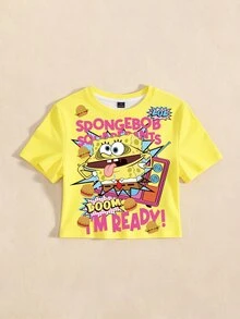 SpongeBob SquarePants | SHEIN 女款字母與卡通印花圓領短袖休閒T恤 - 白色 - 查看 4