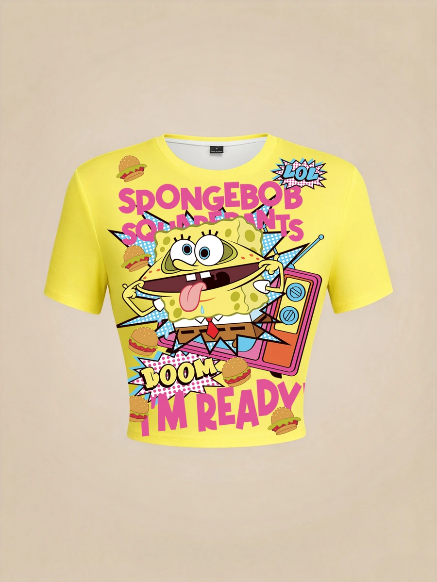 SpongeBob SquarePants | SHEIN 女款字母與卡通印花圓領短袖休閒T恤 - 白色 - 查看 1