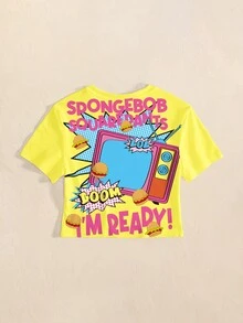 SpongeBob SquarePants | SHEIN 女款字母與卡通印花圓領短袖休閒T恤 - 白色 - 查看 5