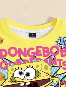 SpongeBob SquarePants | SHEIN 女款字母與卡通印花圓領短袖休閒T恤 - 白色 - 查看 3