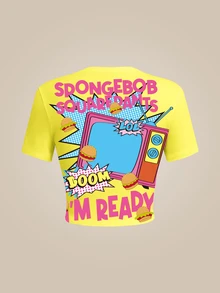 SpongeBob SquarePants | SHEIN 女款字母與卡通印花圓領短袖休閒T恤 - 白色 - 查看 2