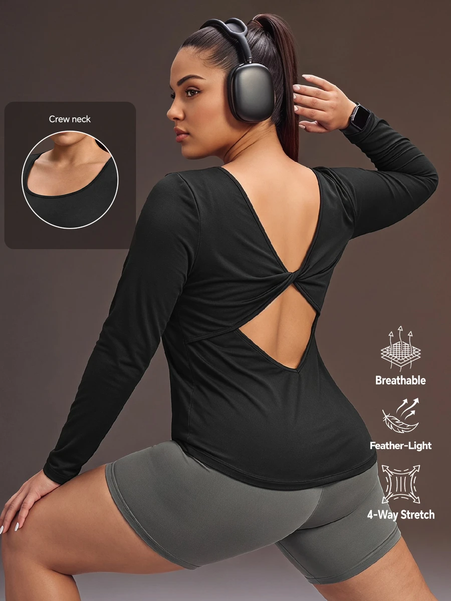 Powerista Women's Plus Size Backless Long Sleeve Square Neck Fitted Sports T-Shirt Suitable For Running, Workout, Exercise, Yoga Backless Outdoor Gym Autumn - Black - View 1