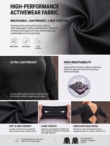 Powerista Women's Plus Size Backless Long Sleeve Square Neck Fitted Sports T-Shirt Suitable For Running, Workout, Exercise, Yoga Backless Outdoor Gym Autumn - Black - View 3