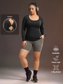 Powerista Women's Plus Size Backless Long Sleeve Square Neck Fitted Sports T-Shirt Suitable For Running, Workout, Exercise, Yoga Backless Outdoor Gym Autumn - Black - View 2