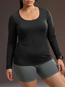 Powerista Women's Plus Size Backless Long Sleeve Square Neck Fitted Sports T-Shirt Suitable For Running, Workout, Exercise, Yoga Backless Outdoor Gym Autumn - Black - View 9