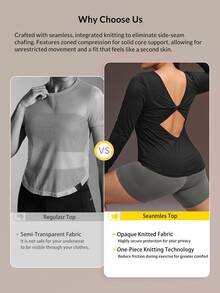 Powerista Women's Plus Size Backless Long Sleeve Square Neck Fitted Sports T-Shirt Suitable For Running, Workout, Exercise, Yoga Backless Outdoor Gym Autumn - Black - View 4