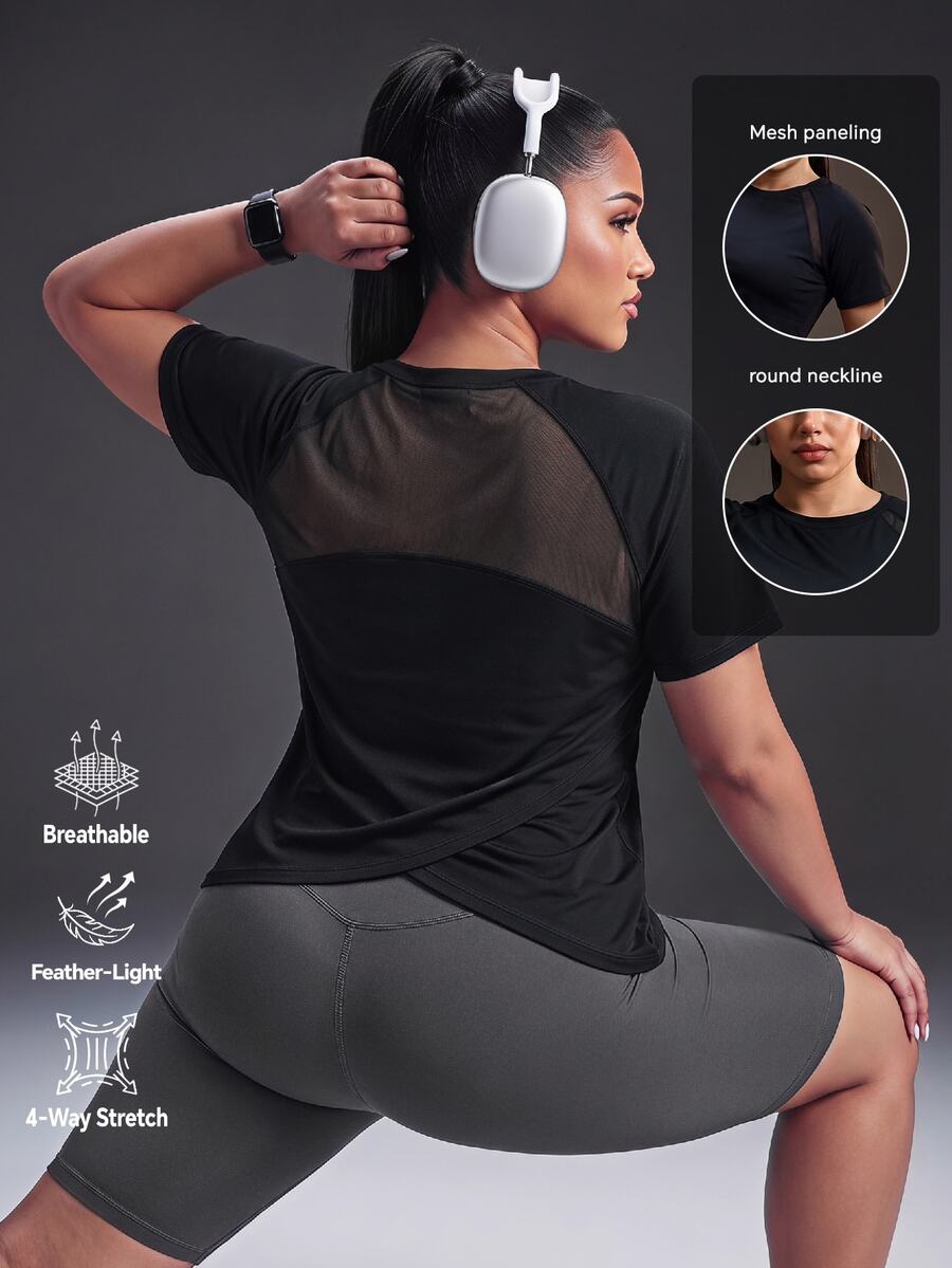 Powerista Women's Plus Size Sports T-Shirt And Tank Top Gym Fitness Workout Yoga Winter Fashion Going Out Backless Casual Black Mesh Running Breathable Outdoor - Black - View 1