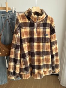Comfortcana Plus Size Autumn/Winter Retro Brown Plaid Casual Stand Collar Fuzzy Loose Fit Top - Brown - View 7