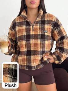 Comfortcana Plus Size Autumn/Winter Retro Brown Plaid Casual Stand Collar Fuzzy Loose Fit Top - Brown - View 1