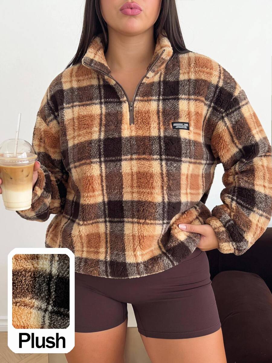Comfortcana Plus Size Autumn/Winter Retro Brown Plaid Casual Stand Collar Fuzzy Loose Fit Top - Brown - View 1