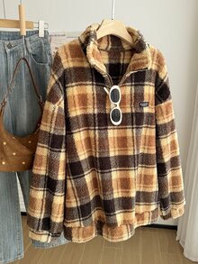 Comfortcana Plus Size Autumn/Winter Retro Brown Plaid Casual Stand Collar Fuzzy Loose Fit Top - Brown - View 8