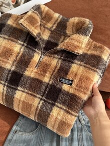 Comfortcana Plus Size Autumn/Winter Retro Brown Plaid Casual Stand Collar Fuzzy Loose Fit Top - Brown - View 5