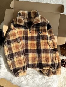 Comfortcana Plus Size Autumn/Winter Retro Brown Plaid Casual Stand Collar Fuzzy Loose Fit Top - Brown - View 2
