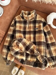 Comfortcana Plus Size Autumn/Winter Retro Brown Plaid Casual Stand Collar Fuzzy Loose Fit Top - Brown - View 6