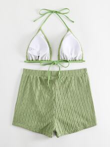 SHEIN Swim 2pcs/Set Textured Solid Color Halter Swim Top And Shorts Sexy Bikini Swimwear Set, For Summer Beach Vacation - Mint Green - View 2