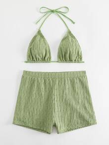 SHEIN Swim 2pcs/Set Textured Solid Color Halter Swim Top And Shorts Sexy Bikini Swimwear Set, For Summer Beach Vacation - Mint Green - View 6