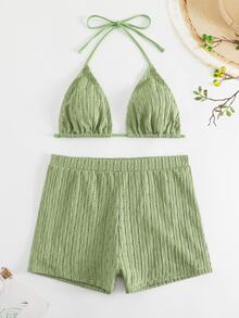 SHEIN Swim 2pcs/Set Textured Solid Color Halter Swim Top And Shorts Sexy Bikini Swimwear Set, For Summer Beach Vacation - Mint Green - View 4