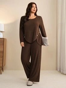 SHEIN LUNE CURVE Plus Size Women's Autumn/Winter Casual Minimalist Commuter Versatile Knit Fuzzy Ribbed Crew Neck Patchwork Decorative Button Long Sleeve Top And Straight Leg Pants 2 Pieces Set - Coffee Brown - View 4