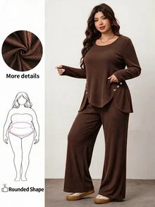 SHEIN LUNE CURVE Plus Size Women's Autumn/Winter Casual Minimalist Commuter Versatile Knit Fuzzy Ribbed Crew Neck Patchwork Decorative Button Long Sleeve Top And Straight Leg Pants 2 Pieces Set - Coffee Brown - View 1